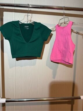 Garage Emerald Green V-Neck Ribbed Crop Top & Hot Pink Ribbed Tank